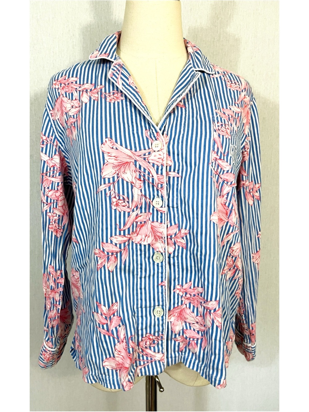 Lauren Ralph Lauren Striped Blue & Pink Floral Button-Up Pajama Top